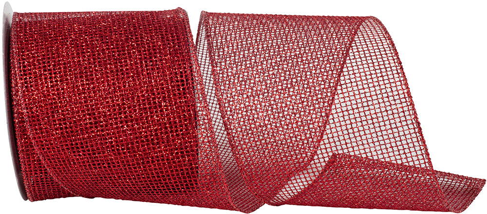 Red 4 Inch Wired Edge Glitter Metallic Micro Mesh Ribbon