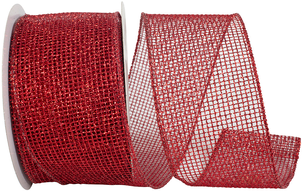 Red Micro Mesh Glitter Metallic Wired Edge Ribbon 2-1/2 Inch