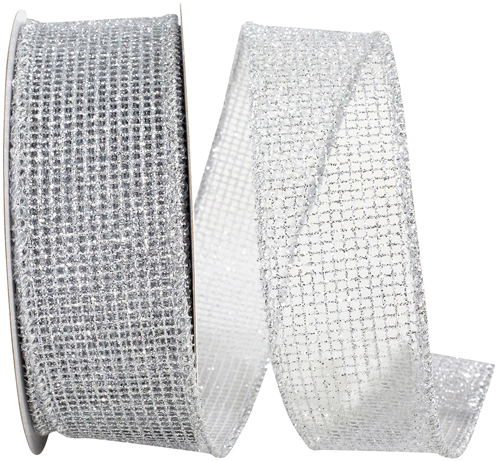 Silver Micro Mesh Glitter Metallic Wired Edge Ribbon 1-1/2 Inch