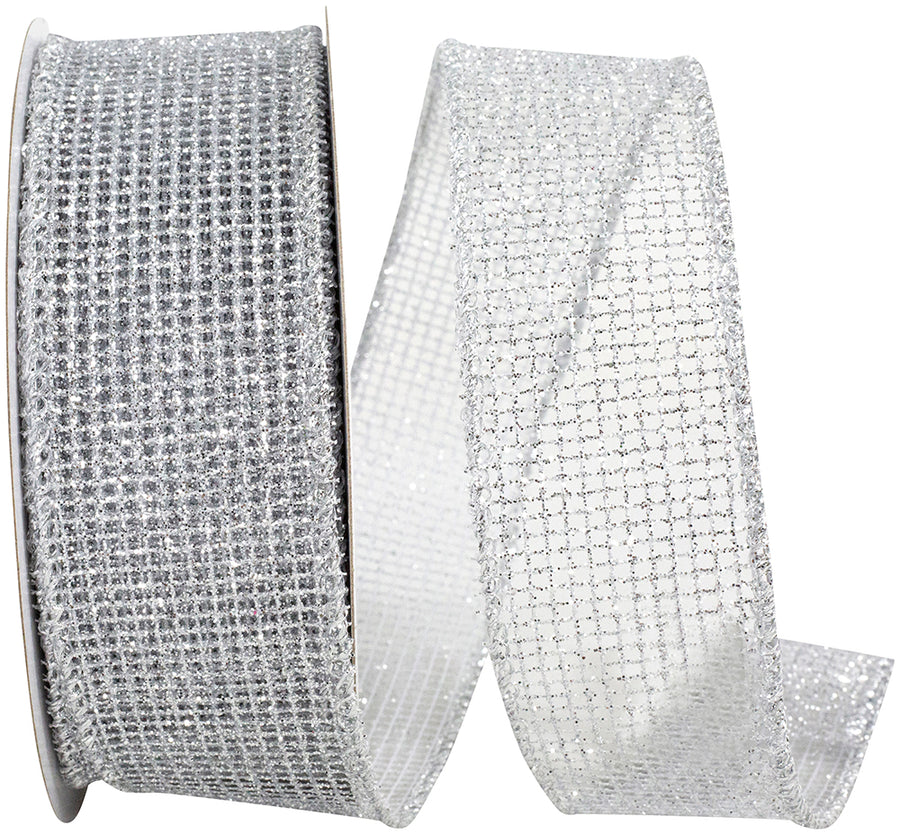 Silver Micro Mesh Glitter Metallic Wired Edge Ribbon 1-1/2 Inch