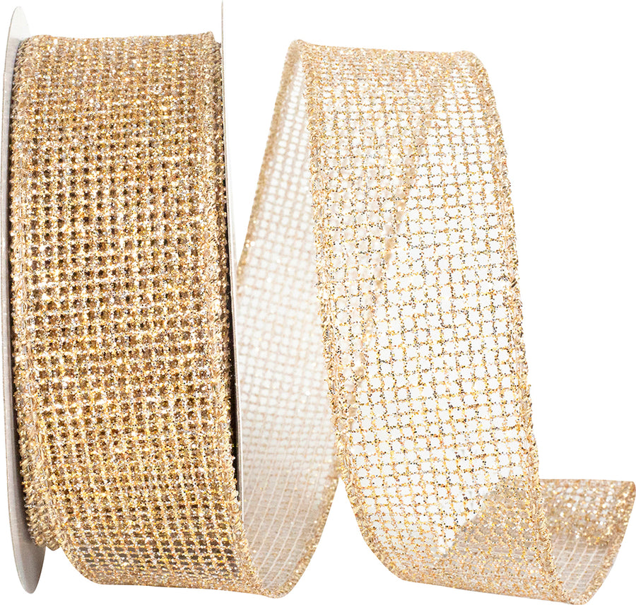 Micro Mesh Glitter Metallic Wired Edge Ribbon Gold Silver 1-1/2 Inch