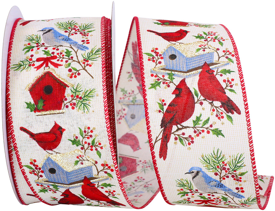 Cream 2-1 2 Inch Birds House & Berries Linen Sparkle Wired Edge Ribbon for Wreaths & Bows