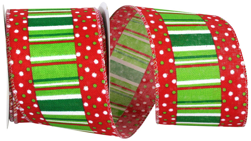 Red Green 2-1 2 Inch Festive Ticking With Dots Wired Edge Ribbon for Wreaths & Bows