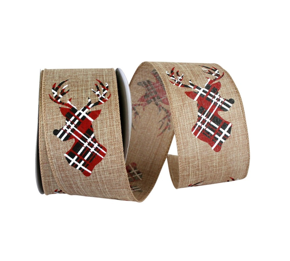 Deer Antler Plaid Linen Wired Edge Ribbon Natural 2-1/2 Inch