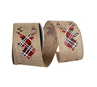 Deer Antler Plaid Linen Wired Edge Ribbon Natural 2-1/2 Inch