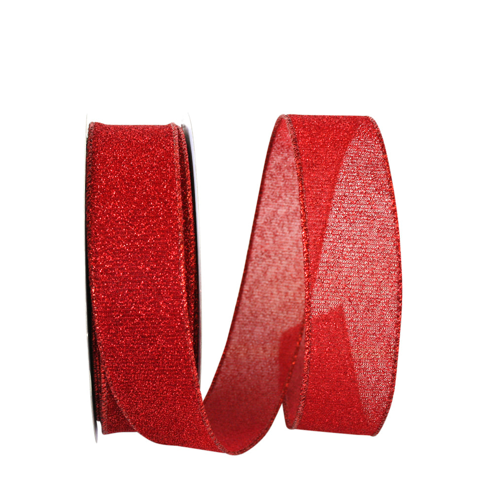 Red Sparkle Glimmer Radiance Wired Edge Ribbon 1-1/2 Inch