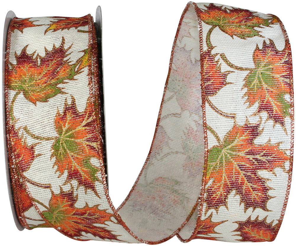 Ivory 2-1/2 Inch Leaf Muslin Glitter Wired Edge Ribbon