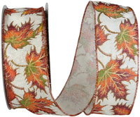 Ivory 2-1/2 Inch Leaf Muslin Glitter Wired Edge Ribbon