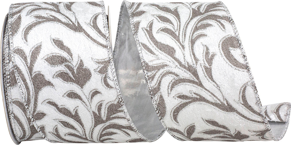 Silver 2-1 2 Inch Filigree Leaves Plush Velvet Silver Back Wired Edge Ribbon for Wreaths & Bows