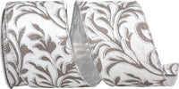 Silver 2-1 2 Inch Filigree Leaves Plush Velvet Silver Back Wired Edge Ribbon for Wreaths & Bows