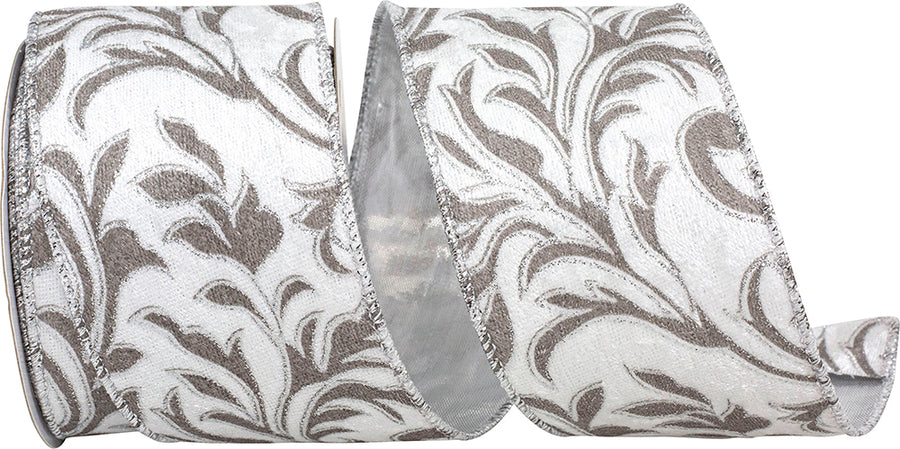 Silver 2-1 2 Inch Filigree Leaves Plush Velvet Silver Back Wired Edge Ribbon for Wreaths & Bows