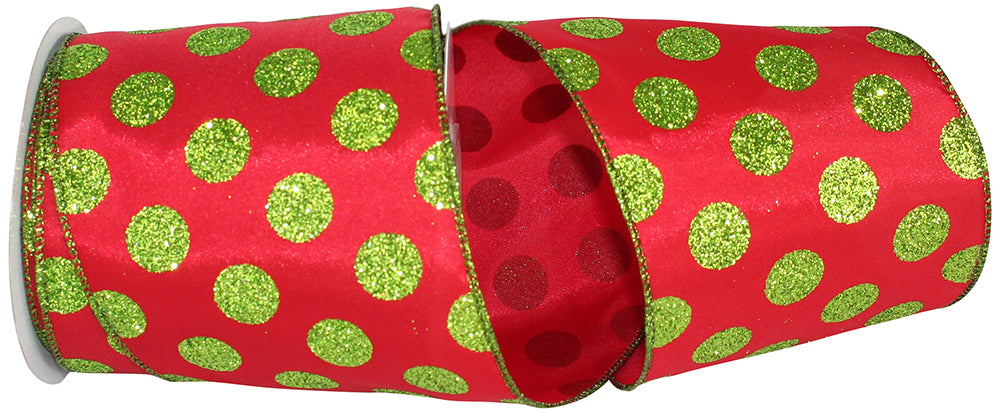 Glitter Wired Edge Ribbon Red Lime 4 Inch Green Dots