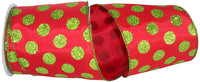 Glitter Wired Edge Ribbon Red Lime 4 Inch Green Dots