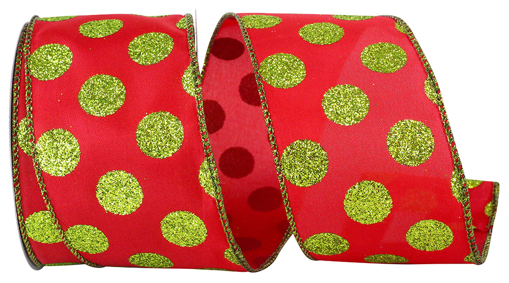 Green Dots Glitter Wired Edge Ribbon Red Lime 2-1/2 Inch
