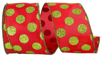 Green Dots Glitter Wired Edge Ribbon Red Lime 2-1/2 Inch