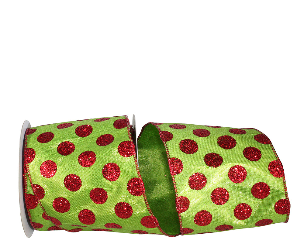 4 Inch Lime Red Dots Metallic Shine Dupioni Ribbon