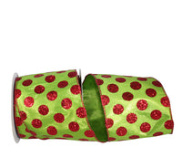 4 Inch Lime Red Dots Metallic Shine Dupioni Ribbon