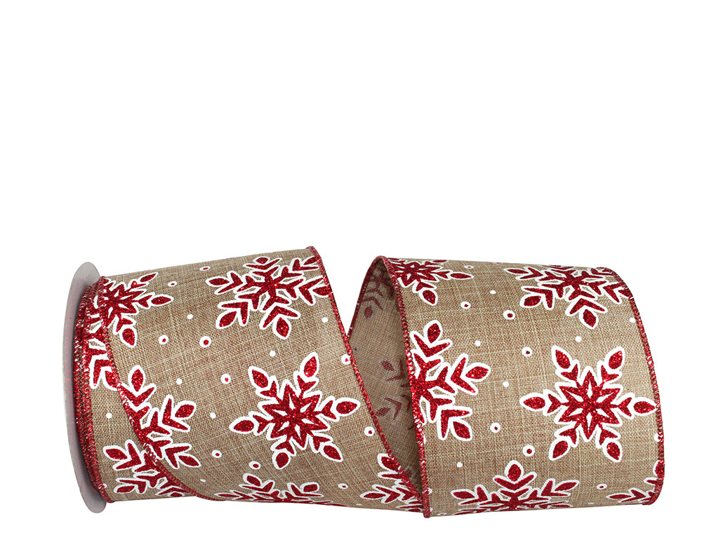 Snowflake Glitter Outline Ribbon Natural Red 4 Inch