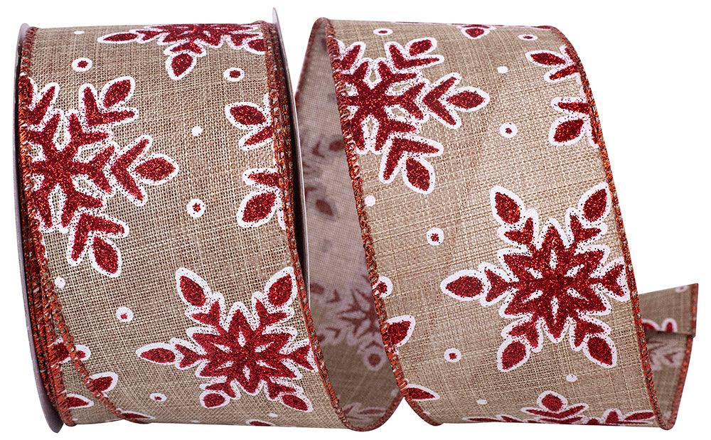 Snowflake Glitter Outline Ribbon Natural Red 2-1/2 Inch