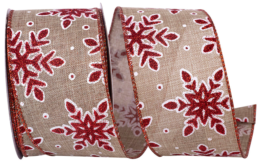 Snowflake Glitter Outline Ribbon Natural Red 2-1/2 Inch