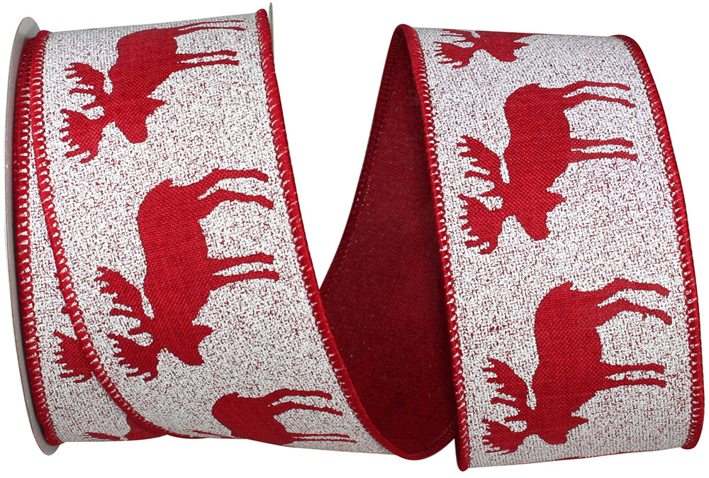 White Red 2-1 2 Inch Moose Snowdrift Wired Edge Ribbon for Wreaths & Bows