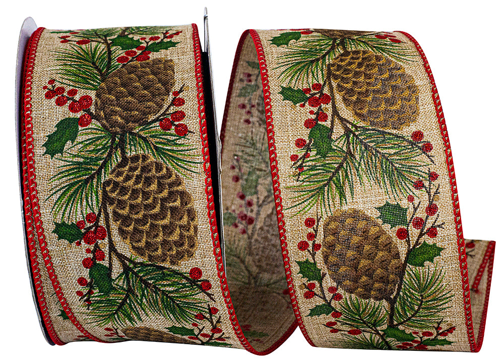Natural 2-1 2 Inch Pinecone Berry Sprig Linen Wired Edge Ribbon for Wreaths & Bows