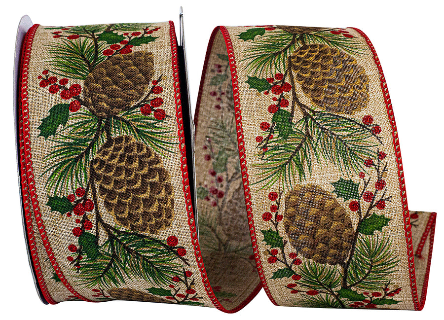 Natural 2-1 2 Inch Pinecone Berry Sprig Linen Wired Edge Ribbon for Wreaths & Bows