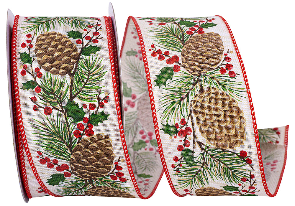 Ivory 2-1 2 Inch Pinecone Berry Sprig Linen Wired Edge Ribbon for Wreaths & Bows