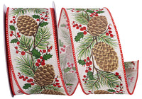 Ivory 2-1 2 Inch Pinecone Berry Sprig Linen Wired Edge Ribbon for Wreaths & Bows