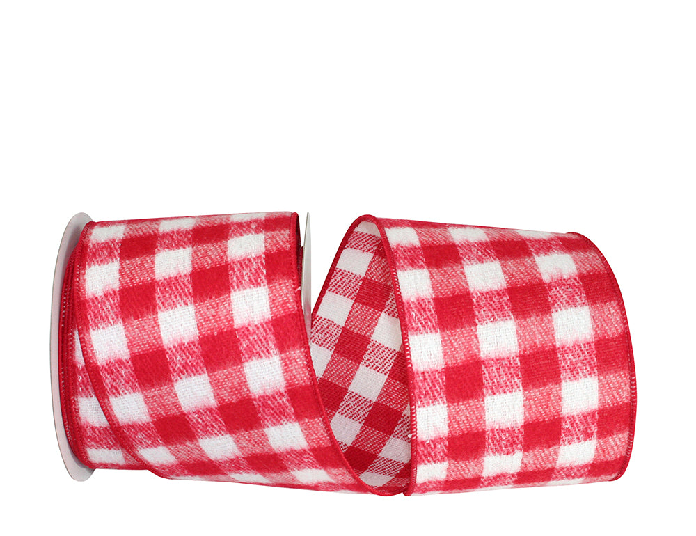 Brushed Gingham Check Flannel Ribbon White Red 4 Inch