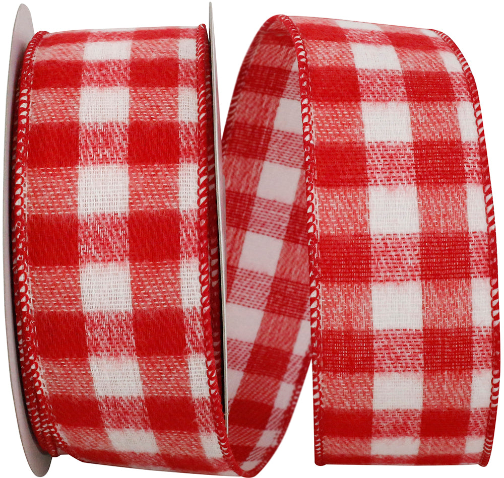 Brushed Gingham Check Flannel Ribbon White Red 2-1/2 Inch