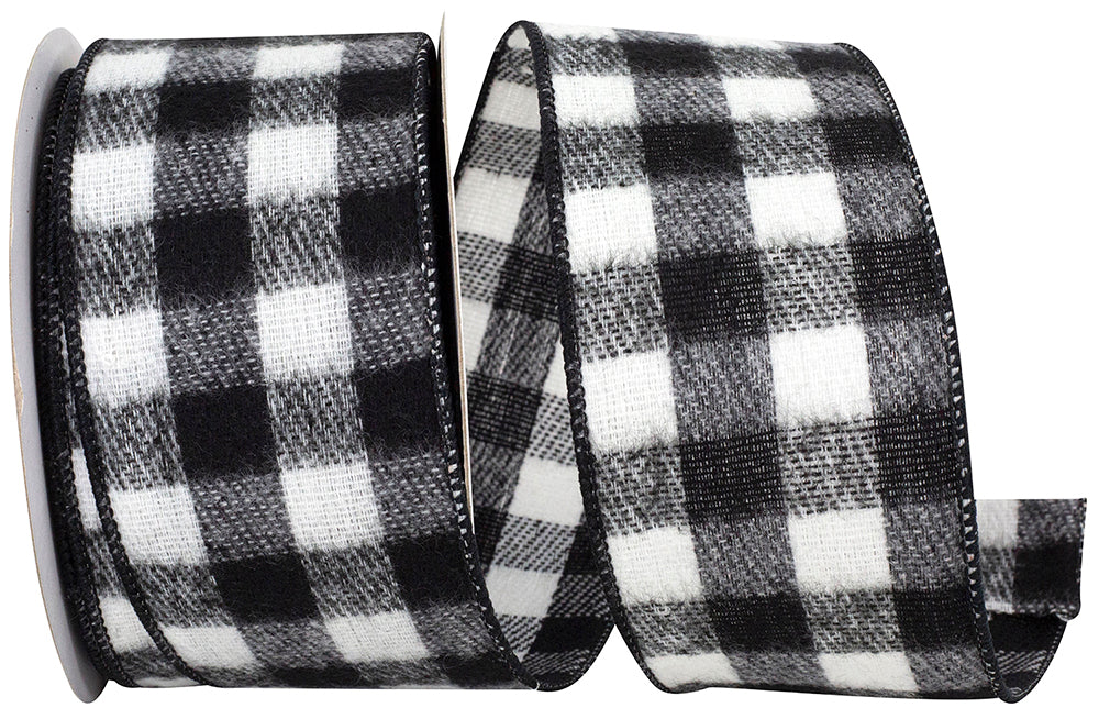 Gingham Check Flannel Wired Edge Ribbon Black White 2-1/2 Inch