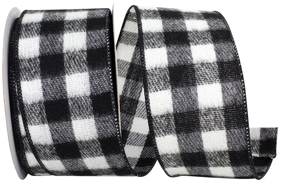 Gingham Check Flannel Wired Edge Ribbon Black White 2-1/2 Inch