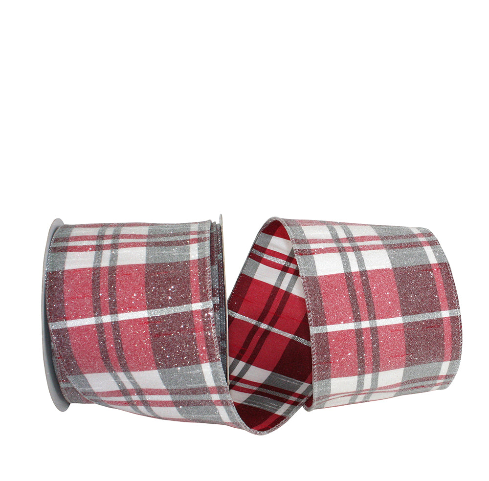 Frosted Grand Plaid Wired Edge Ribbon Red White 4 Inch