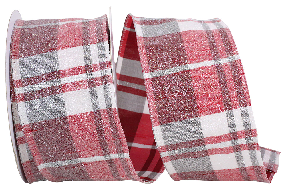 Frosted Grand Plaid Wired Edge Ribbon Red White 2-1/2 Inch