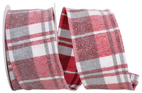 Frosted Grand Plaid Wired Edge Ribbon Red White 2-1/2 Inch