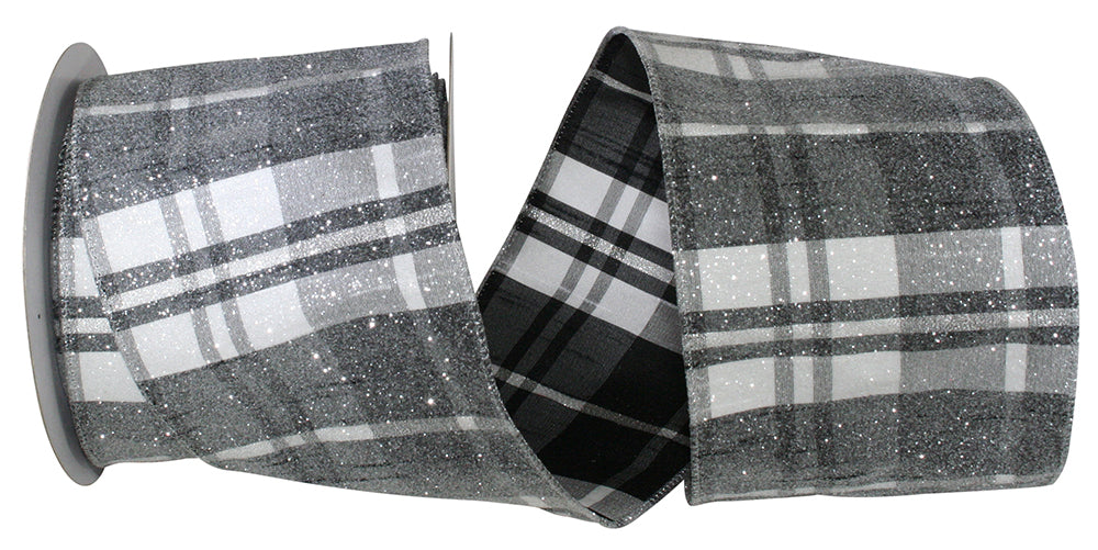 4 Inch Black White Frosted Grand Plaid Wired Edge Ribbon