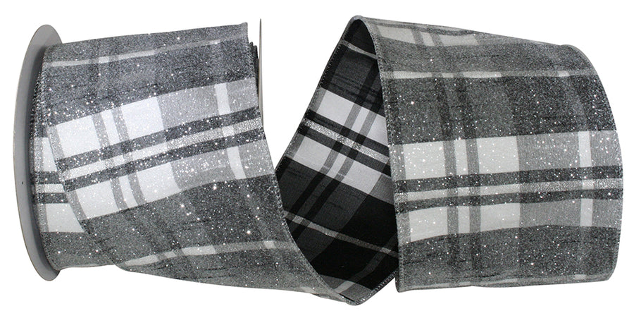 4 Inch Black White Frosted Grand Plaid Wired Edge Ribbon
