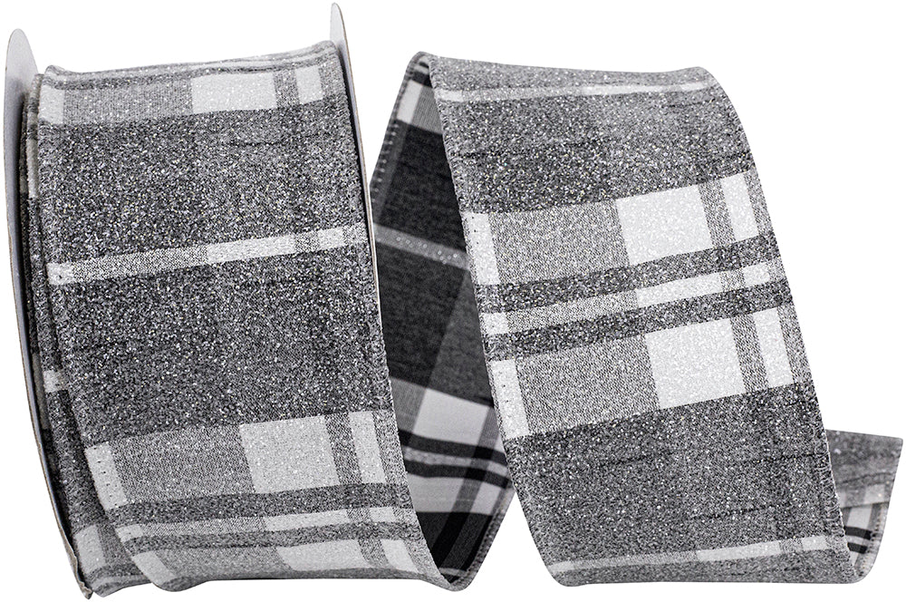 Frosted Grand Plaid Wired Edge Ribbon Black White 2-1/2 Inch