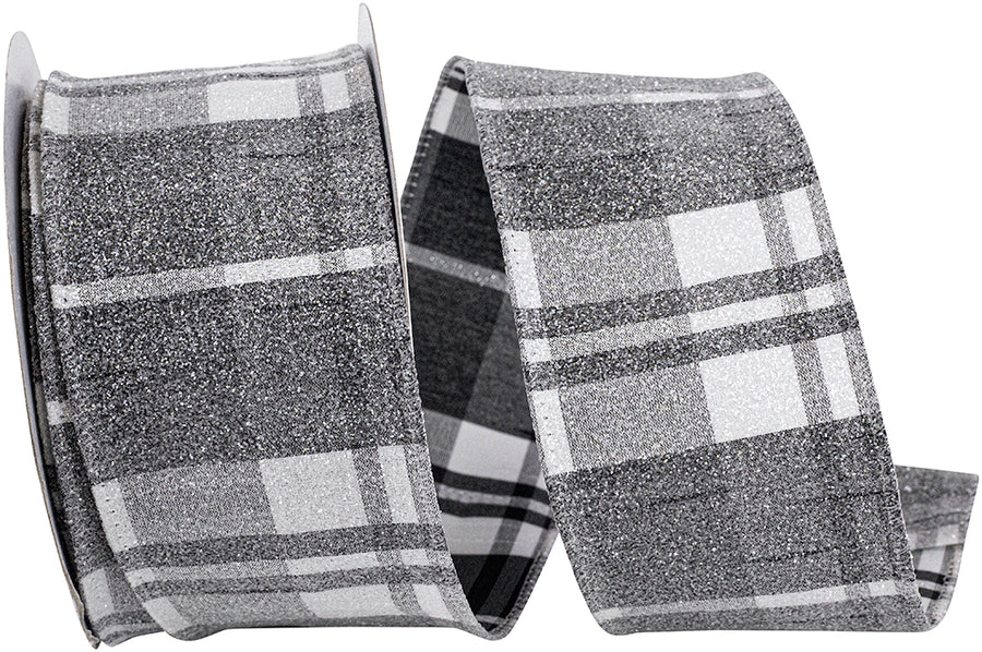Frosted Grand Plaid Wired Edge Ribbon Black White 2-1/2 Inch