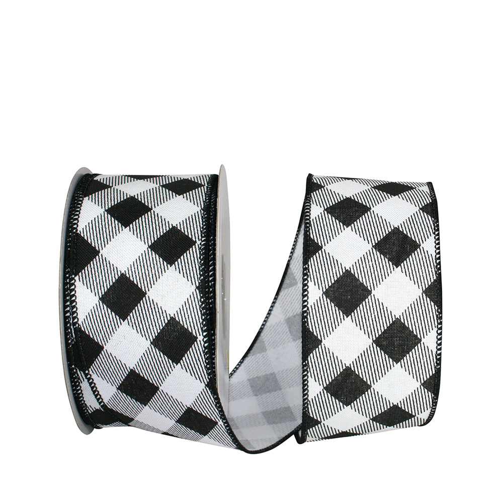 Gingham Check Diagonal Wired Edge Ribbon White Black 2-1/2 Inch