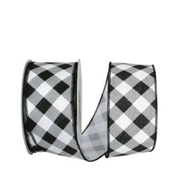 Gingham Check Diagonal Wired Edge Ribbon White Black 2-1/2 Inch