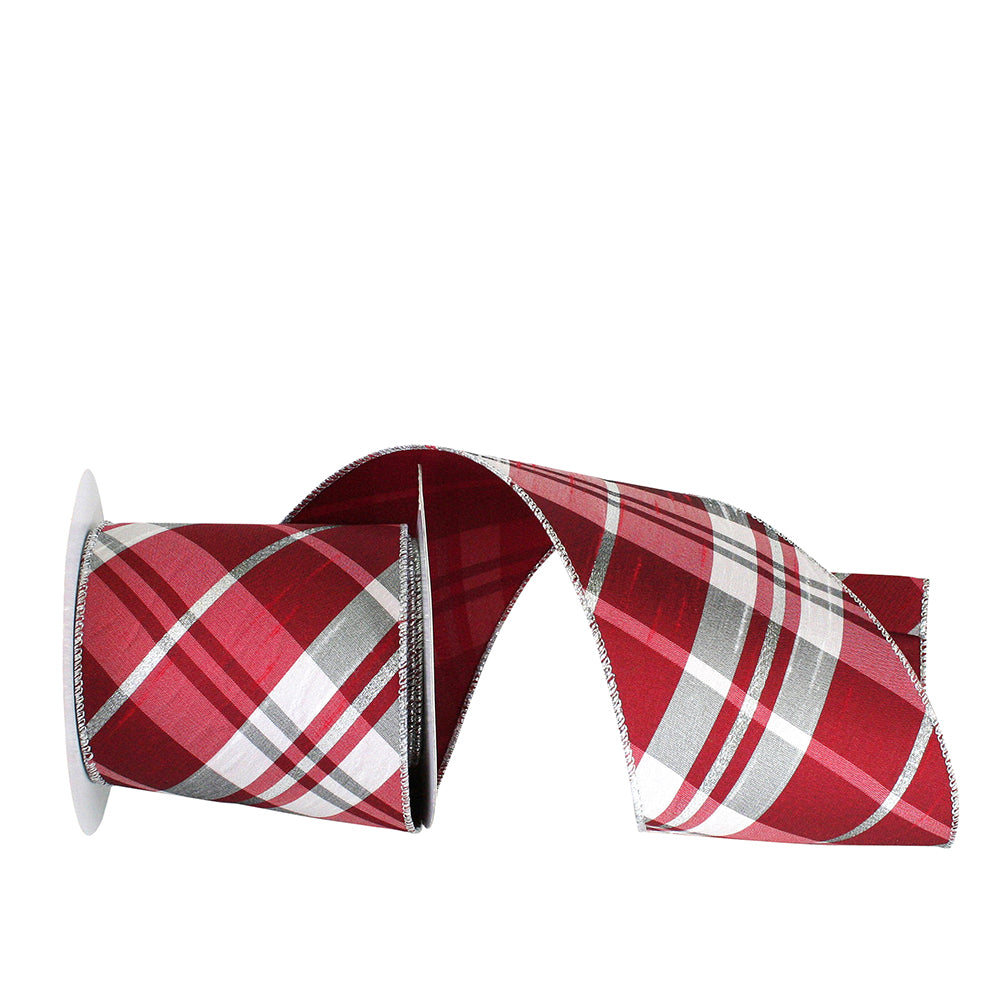 4 Inch Red Silver Dupioni Plaid Wired Edge Ribbon