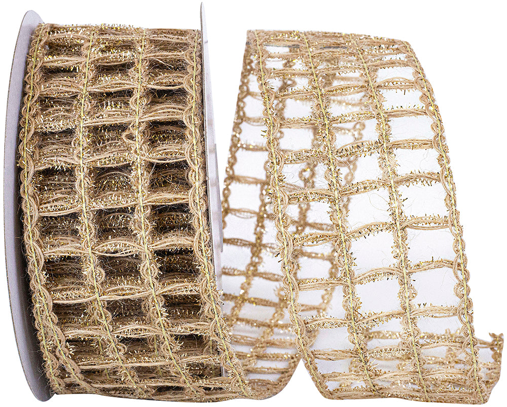 Natural Gold Jute Sparkle Wired Edge Ribbon 2-1/2 Inch