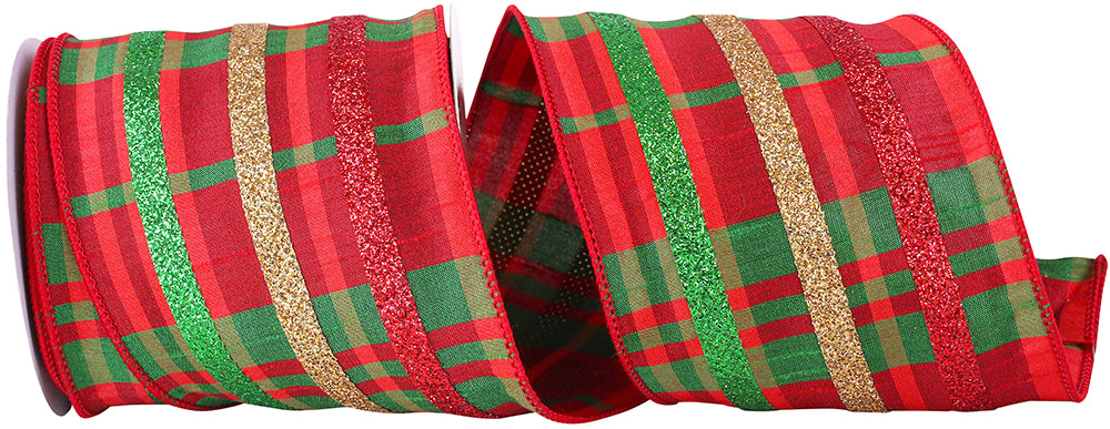 Multi 4 Inch Glitter Stripe Wired Edge Ribbon Dupioni Plaid