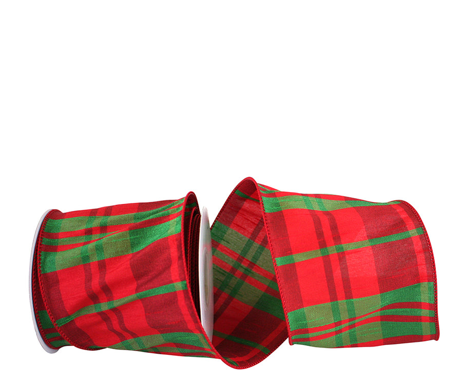 Dupioni Plaid Wired Edge Ribbon Red Green 4 Inch 10Yds