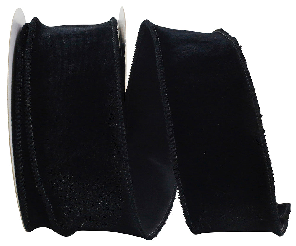 Black 2-1 2 Inch Plush Velvet With Dupioni Backing Wired Edge Ribbon for Wreaths & Bows