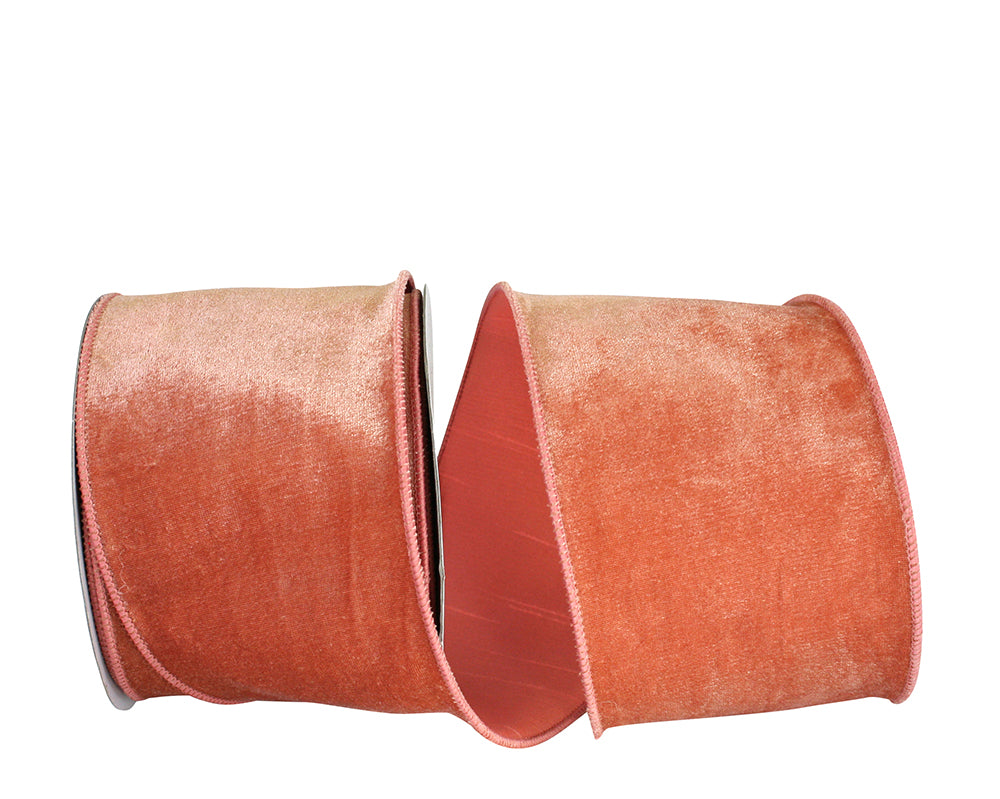 Peach 4 Inch Plush Velvet With Dupioni Backing Wired Edge Ribbon for Wreaths & Bows