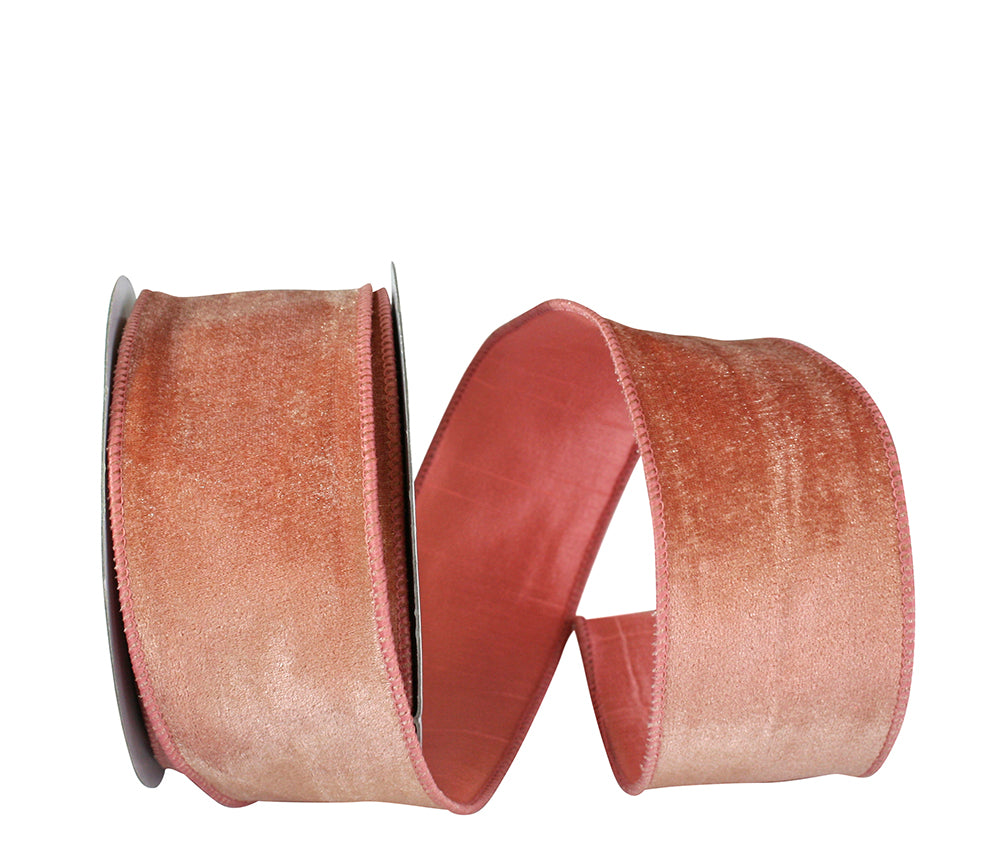Peach 2-1 2 Inch Plush Velvet With Dupioni Backing Wired Edge Ribbon for Wreaths & Bows