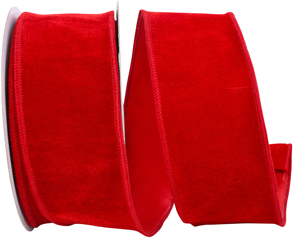 Red 2-1 2 Inch Plush Velvet With Dupioni Backing Wired Edge Ribbon for Wreaths & Bows